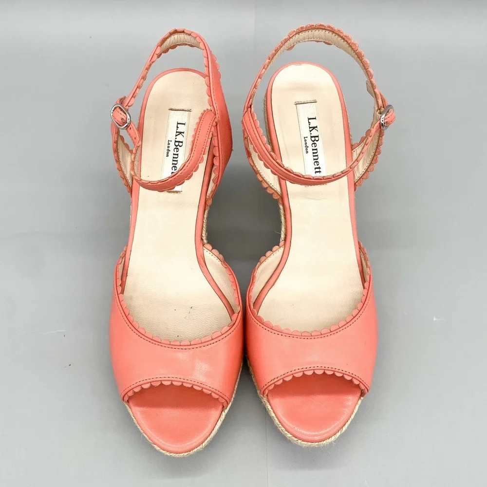 LK Bennett Womens 38‎ 8 Seve Espadrille Sandal Coral Leather Platform Wedge Heel